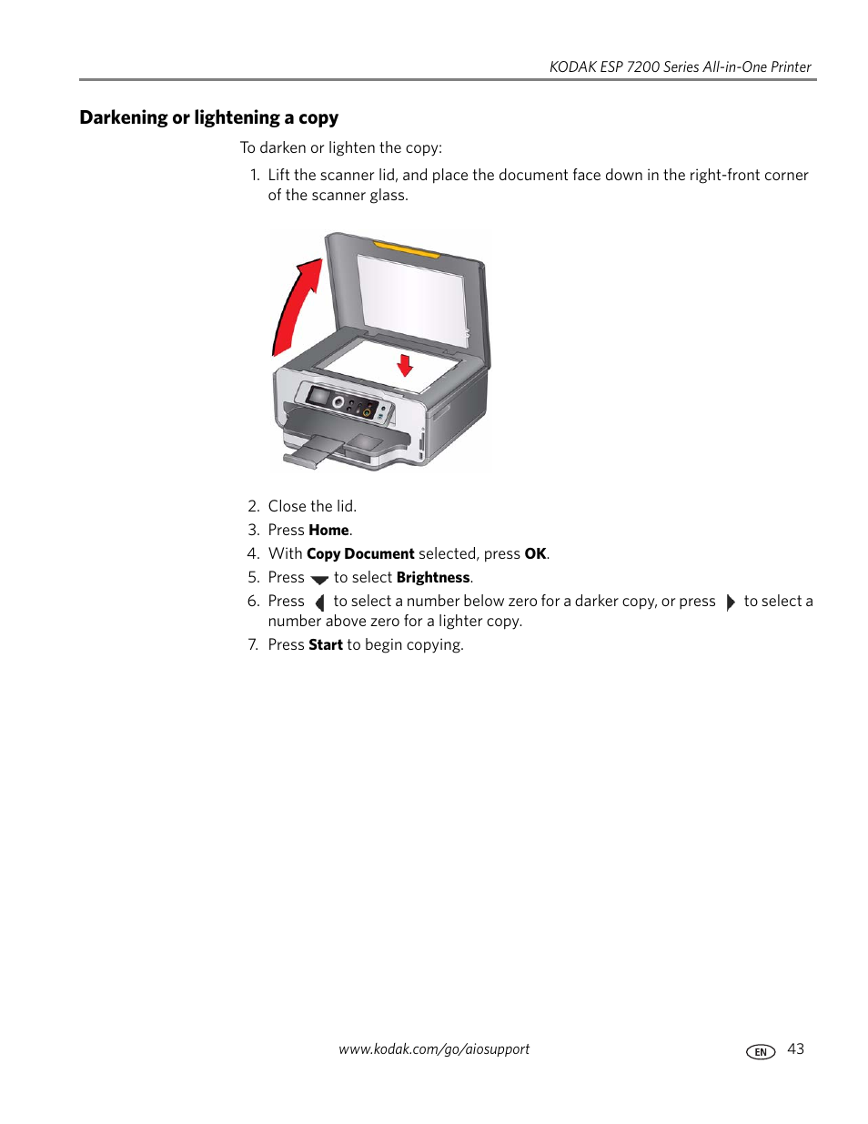 Darkening or lightening a copy | Kodak ESP 7250 User Manual | Page 49 / 95