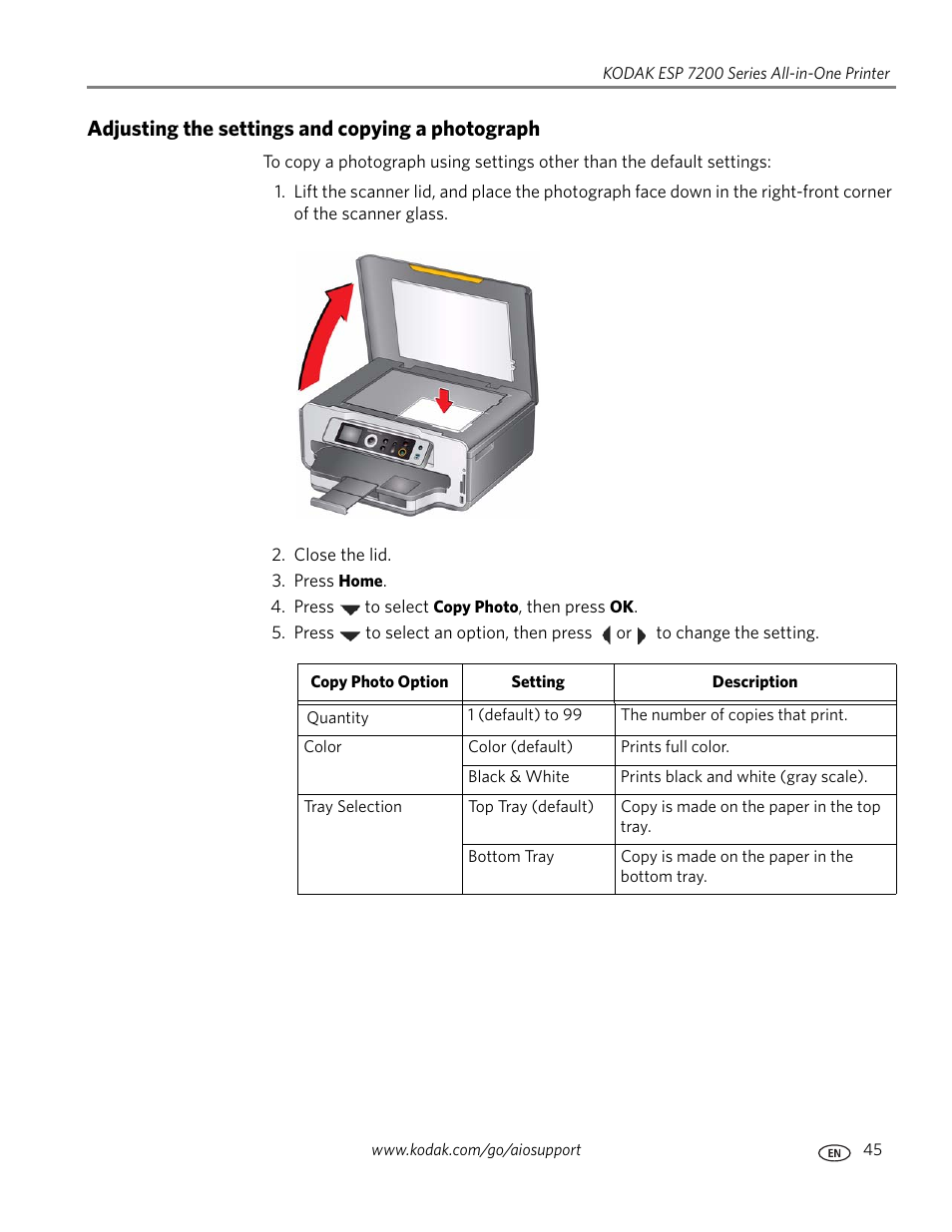 Adjusting the settings and copying a photograph | Kodak ESP 7250 User Manual | Page 51 / 95