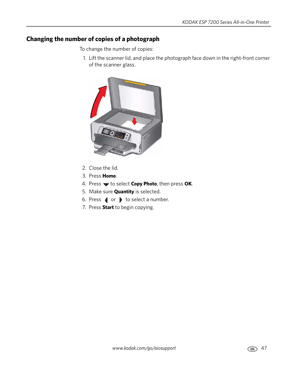 Changing the number of copies of a photograph | Kodak ESP 7250 User Manual | Page 53 / 95