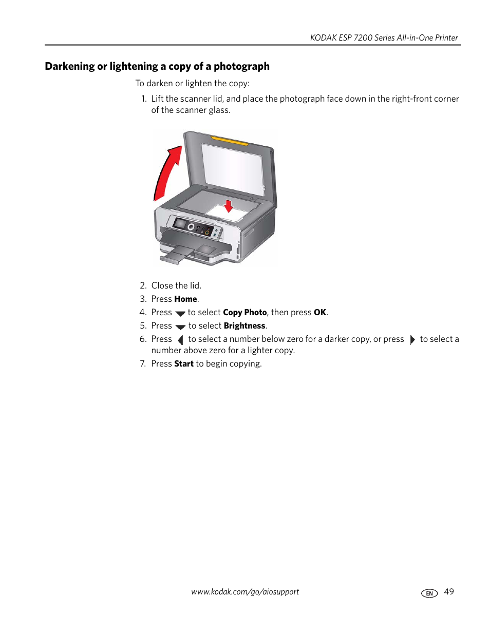 Darkening or lightening a copy of a photograph | Kodak ESP 7250 User Manual | Page 55 / 95