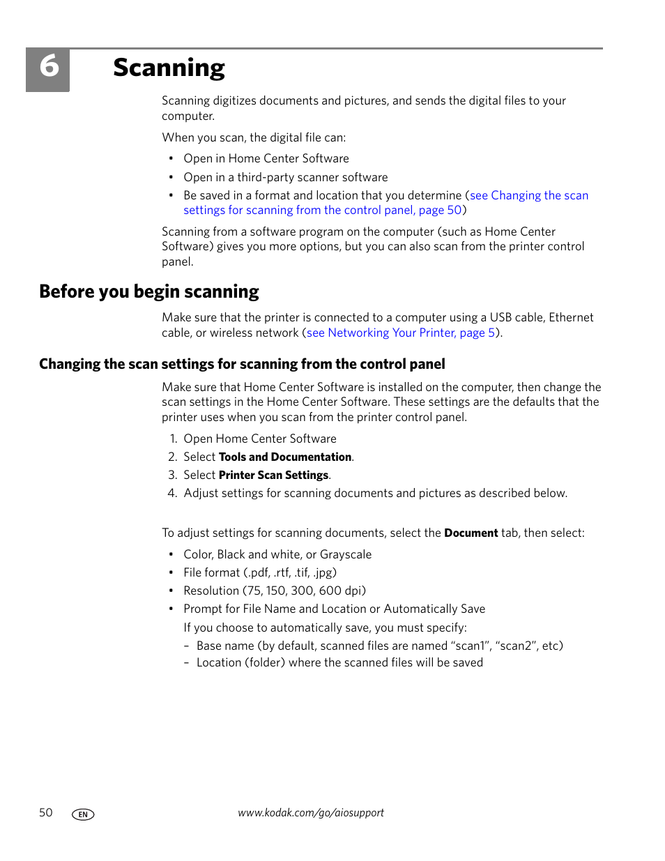 Scanning, Before you begin scanning, 6 scanning | Kodak ESP 7250 User Manual | Page 56 / 95