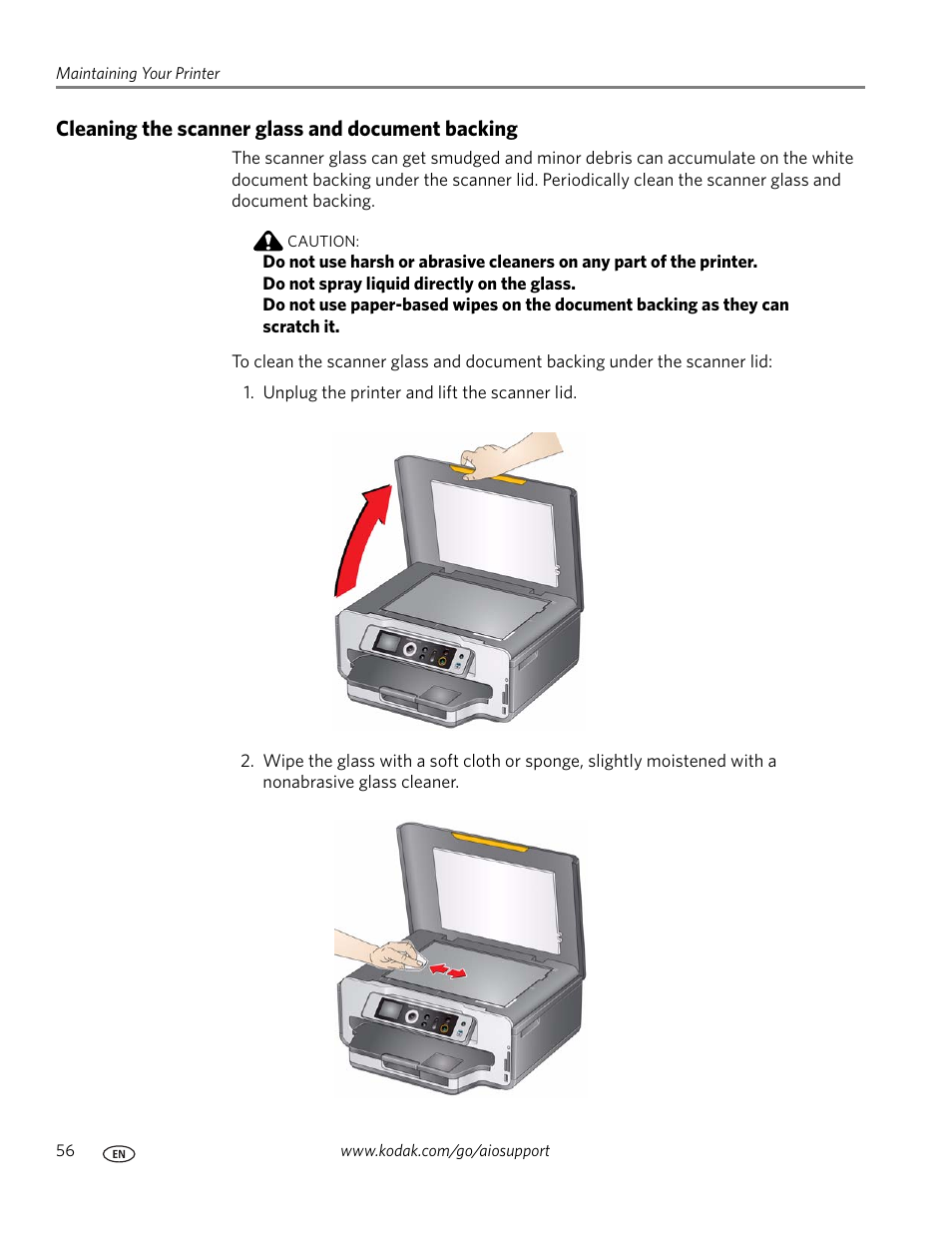 Cleaning the scanner glass and document backing | Kodak ESP 7250 User Manual | Page 62 / 95