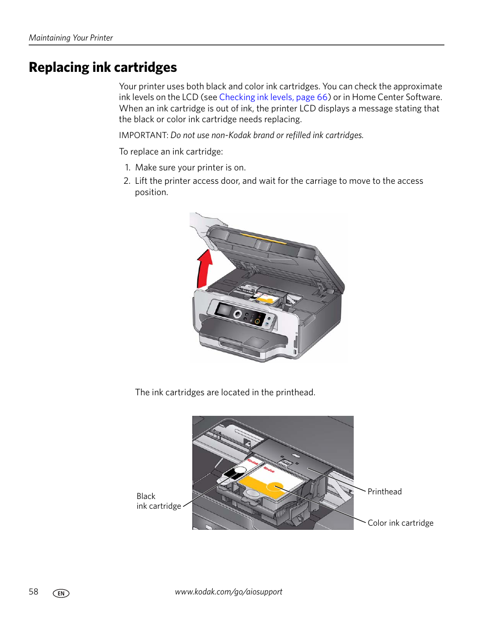 Replacing ink cartridges | Kodak ESP 7250 User Manual | Page 64 / 95