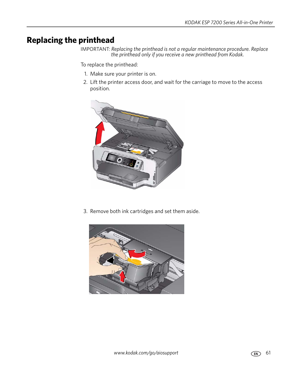 Replacing the printhead | Kodak ESP 7250 User Manual | Page 67 / 95