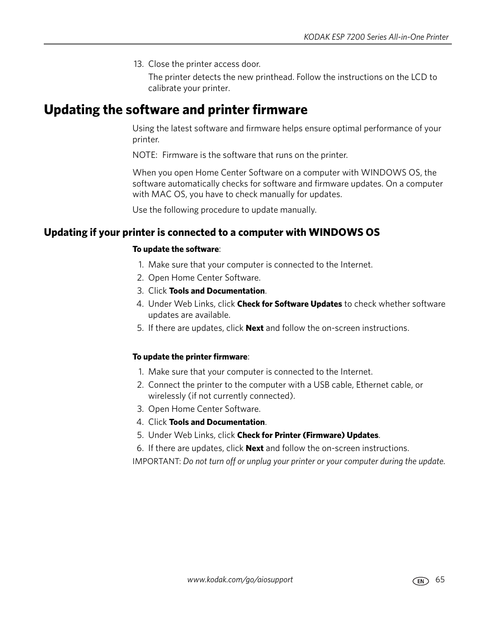 Updating the software and printer firmware | Kodak ESP 7250 User Manual | Page 71 / 95