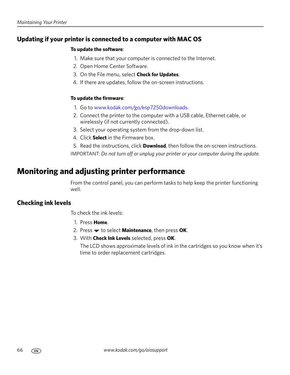 Monitoring and adjusting printer performance, Checking ink levels | Kodak ESP 7250 User Manual | Page 72 / 95