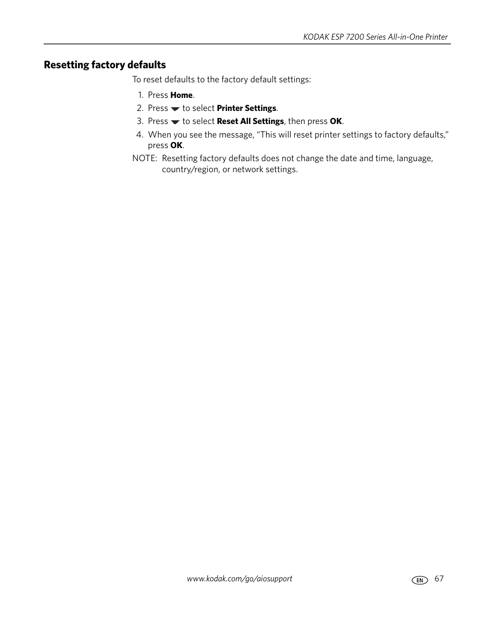 Resetting factory defaults, See resetting factory | Kodak ESP 7250 User Manual | Page 73 / 95