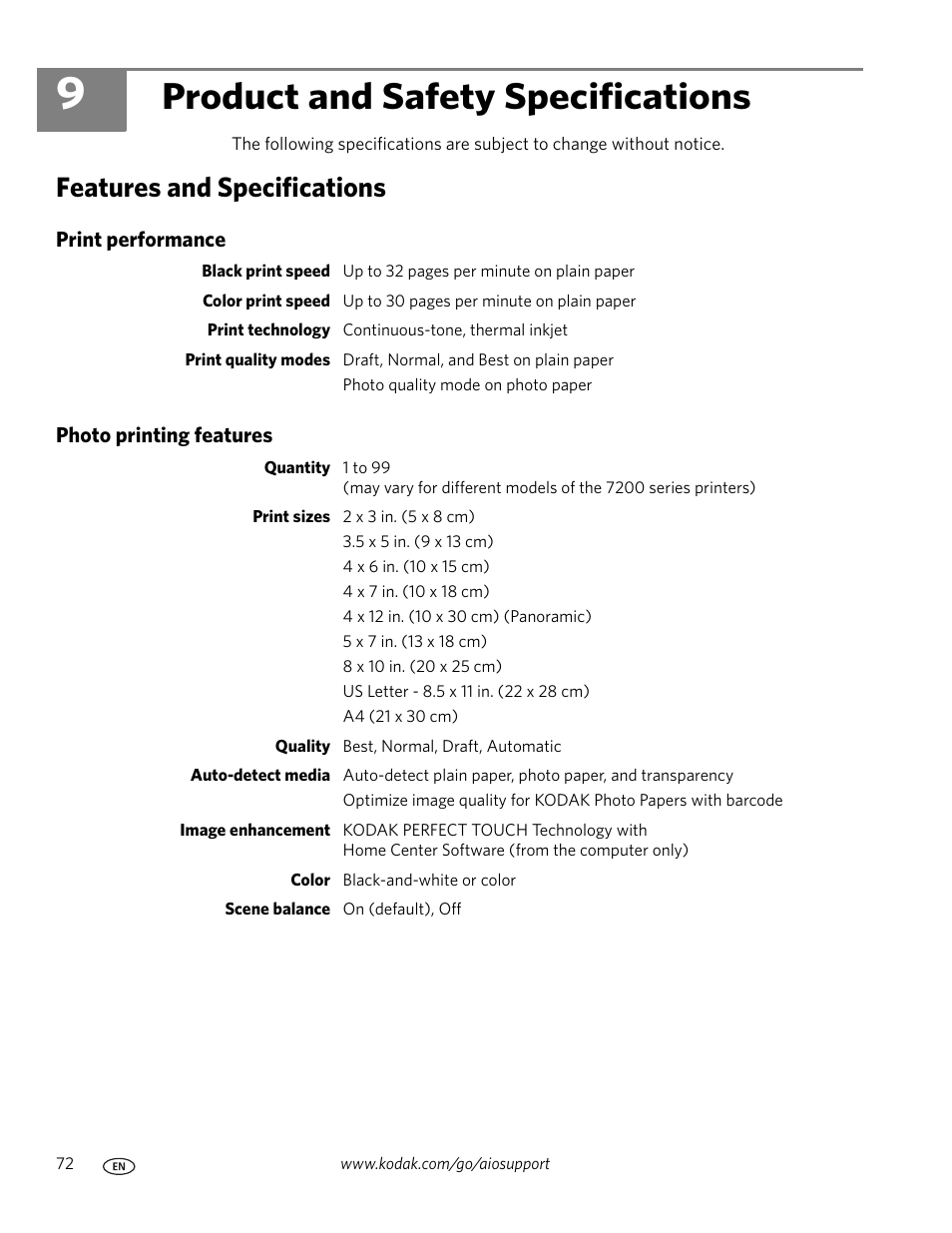 Product and safety specifications, Features and specifications, Print performance | Photo printing features, 9 product and safety specifications, Print performance photo printing features | Kodak ESP 7250 User Manual | Page 78 / 95