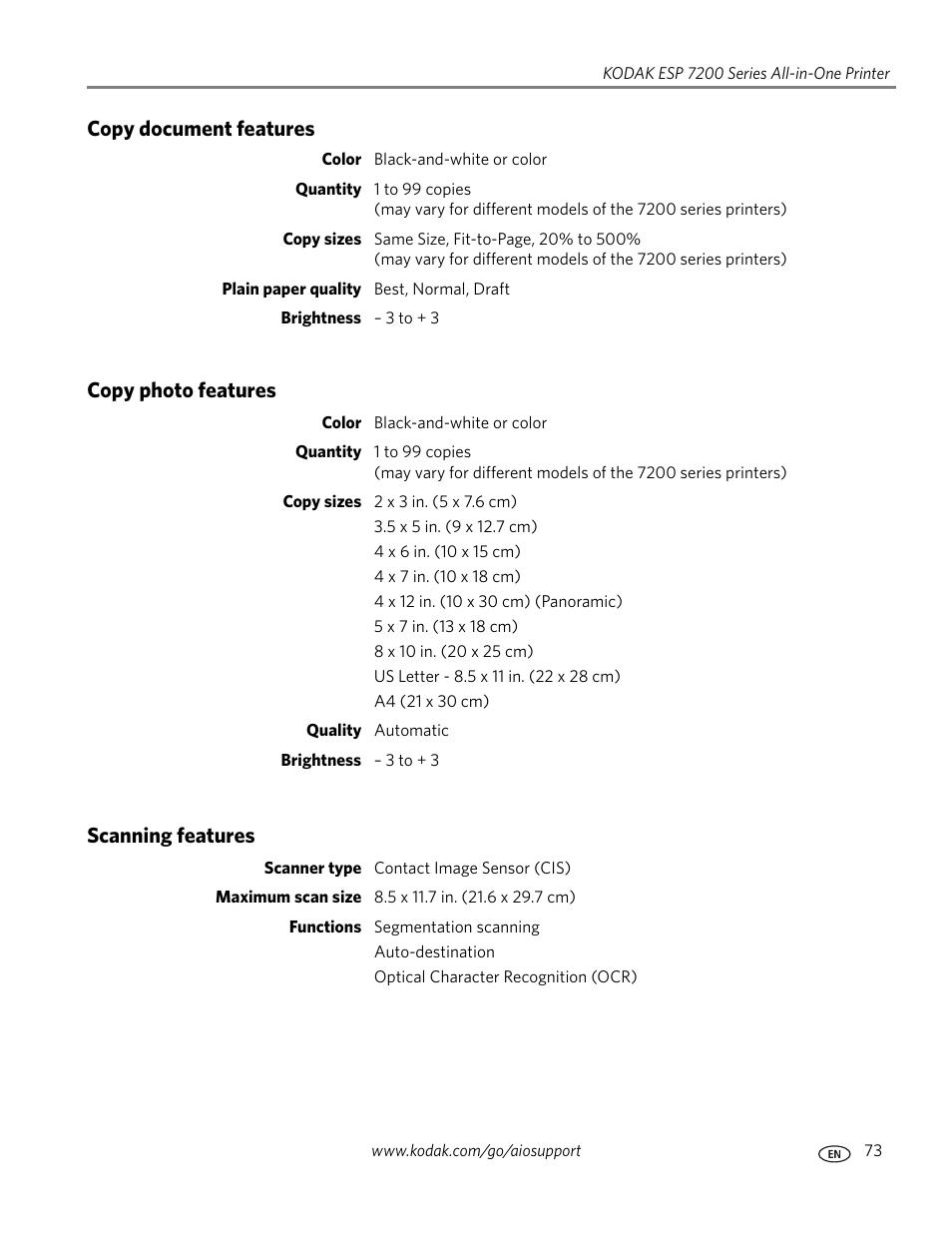 Copy document features, Copy photo features, Scanning features | Kodak ESP 7250 User Manual | Page 79 / 95