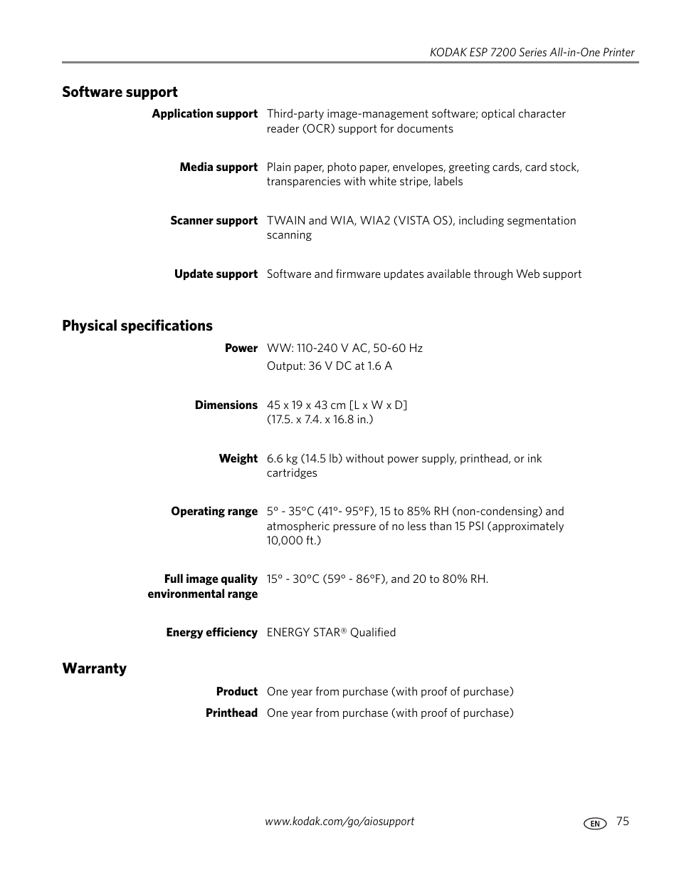 Software support, Physical specifications, Warranty | Software support physical specifications warranty | Kodak ESP 7250 User Manual | Page 81 / 95