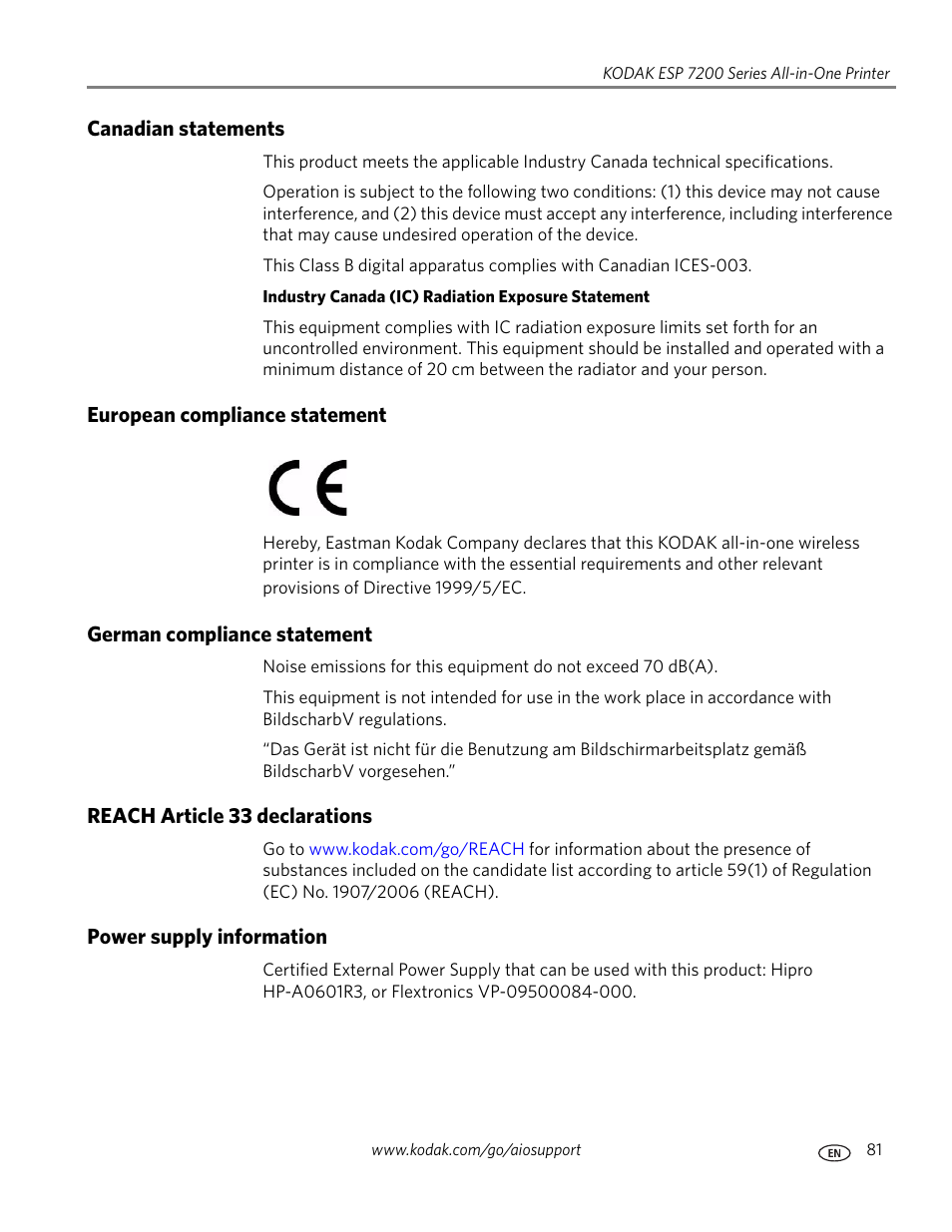 Canadian statements, European compliance statement, German compliance statement | Reach article 33 declarations, Power supply information | Kodak ESP 7250 User Manual | Page 87 / 95