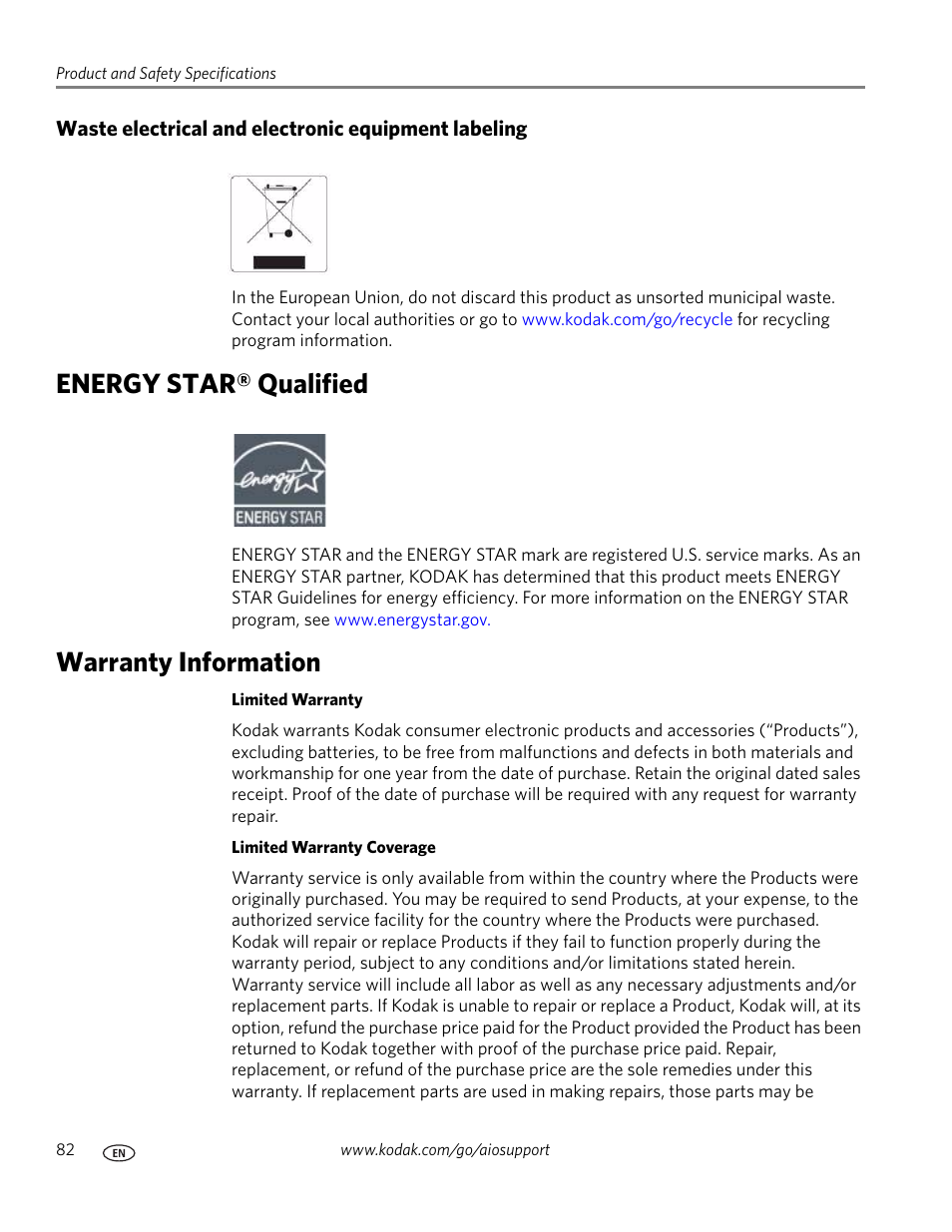 Waste electrical and electronic equipment labeling, Energy star® qualified, Warranty information | Energy star® qualified warranty information | Kodak ESP 7250 User Manual | Page 88 / 95