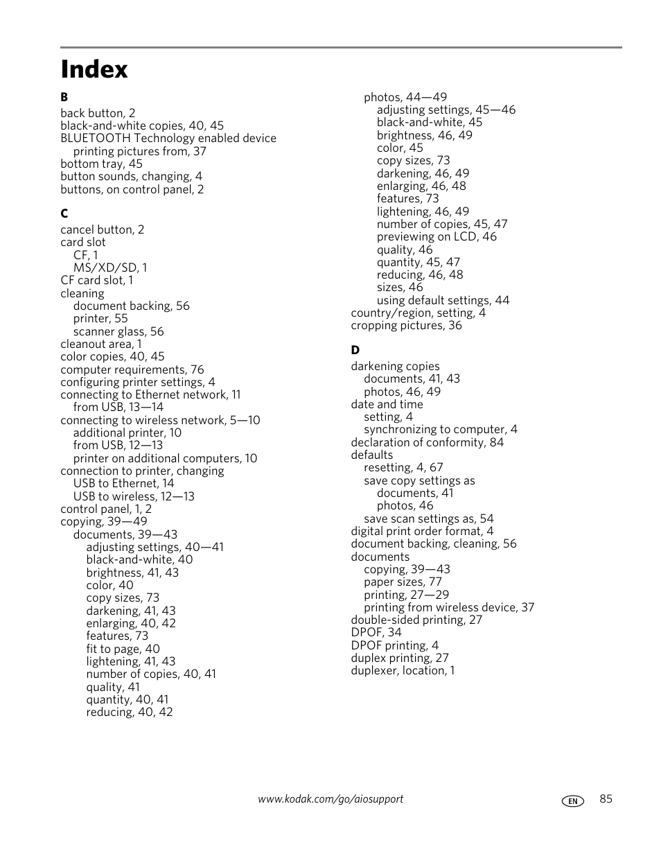 Index | Kodak ESP 7250 User Manual | Page 91 / 95