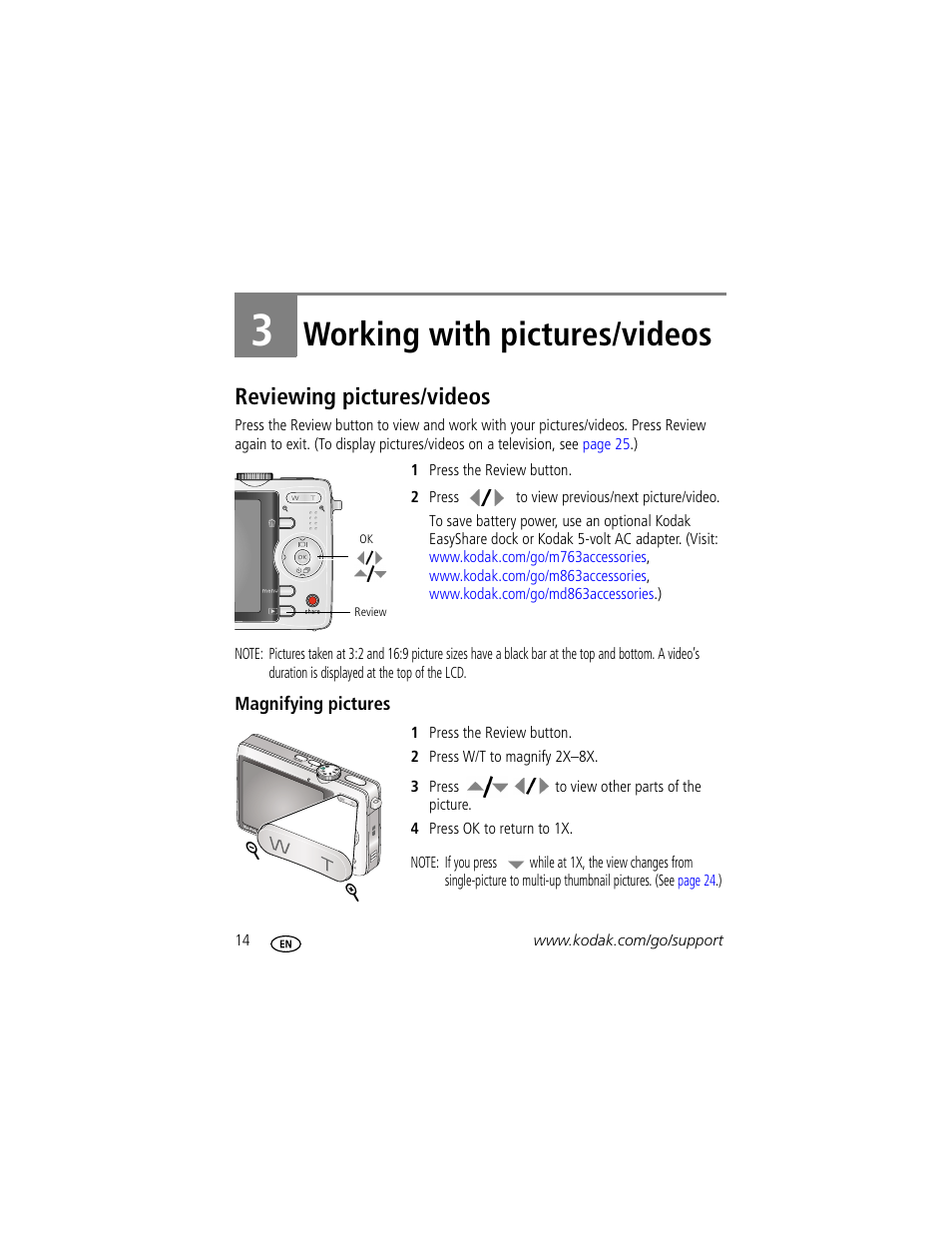 Working with pictures/videos, Reviewing pictures/videos, Magnifying pictures | 3 working with pictures/videos | Kodak M863 User Manual | Page 20 / 80