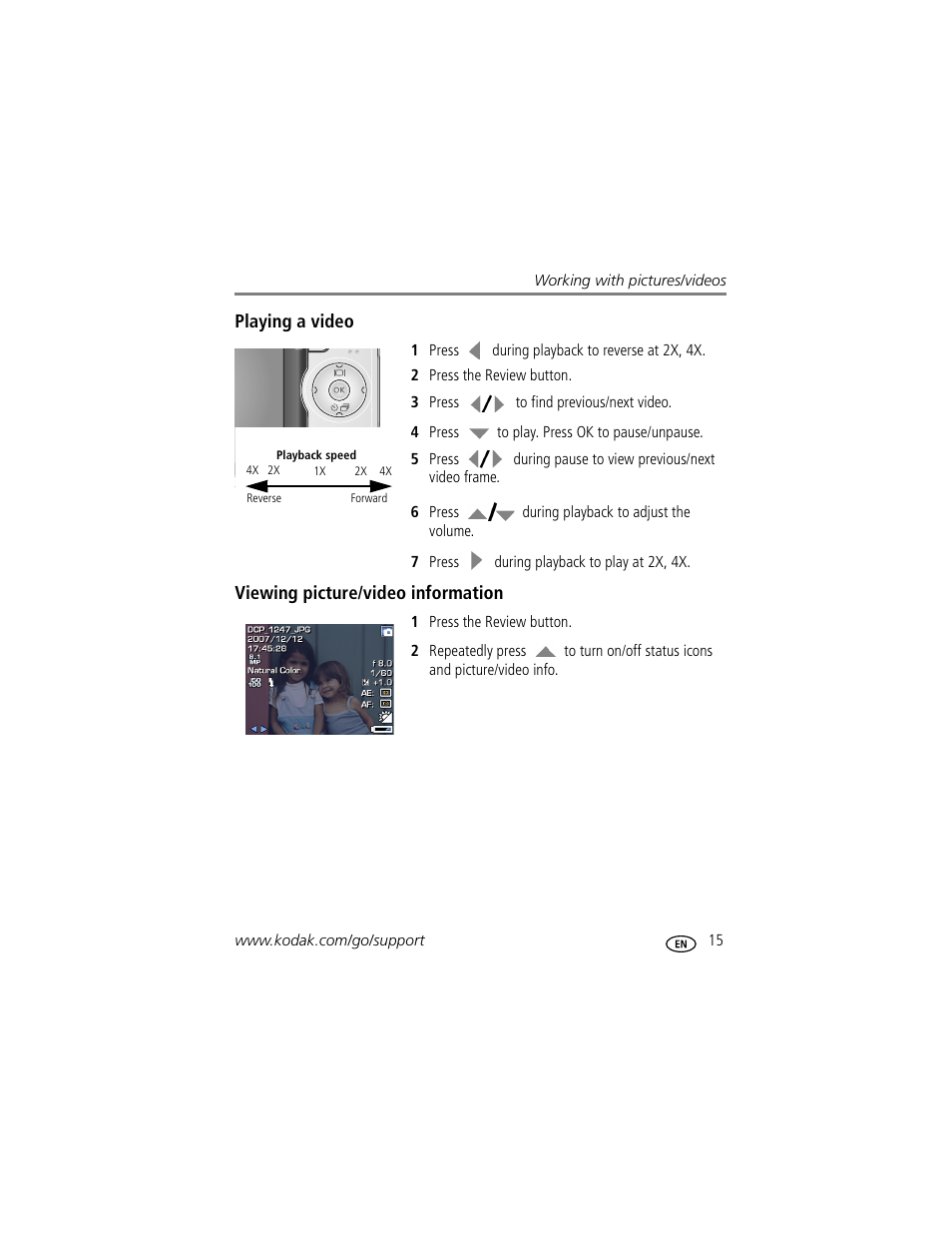 Playing a video, Viewing picture/video information | Kodak M863 User Manual | Page 21 / 80