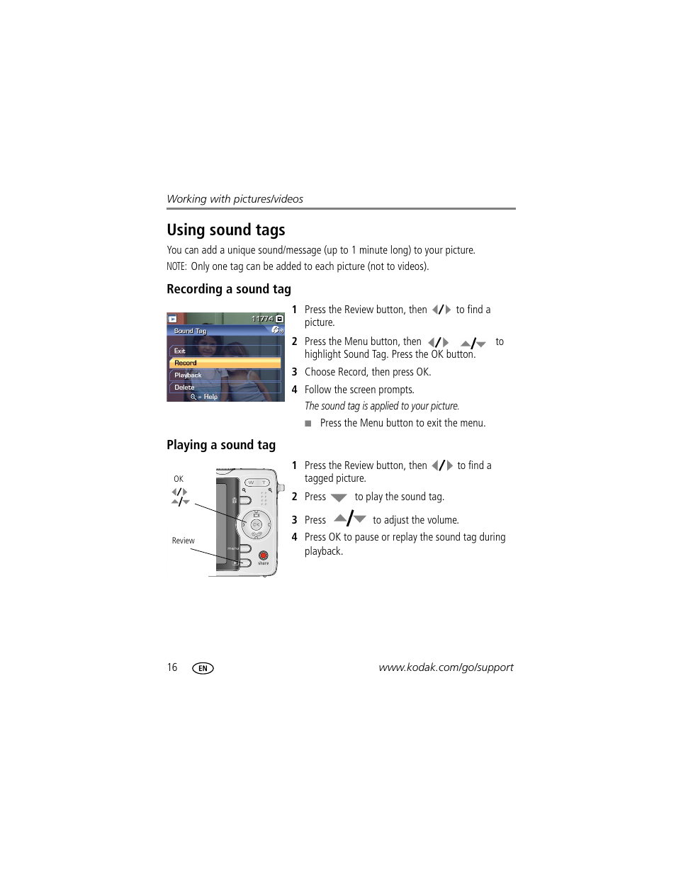 Using sound tags, Recording a sound tag, Playing a sound tag | Kodak M863 User Manual | Page 22 / 80