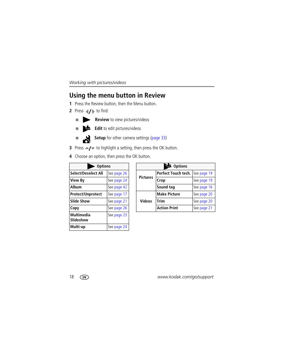 Using the menu button in review | Kodak M863 User Manual | Page 24 / 80