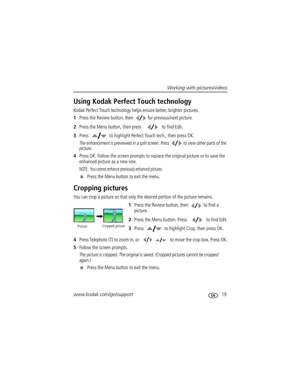 Using kodak perfect touch technology, Cropping pictures | Kodak M863 User Manual | Page 25 / 80