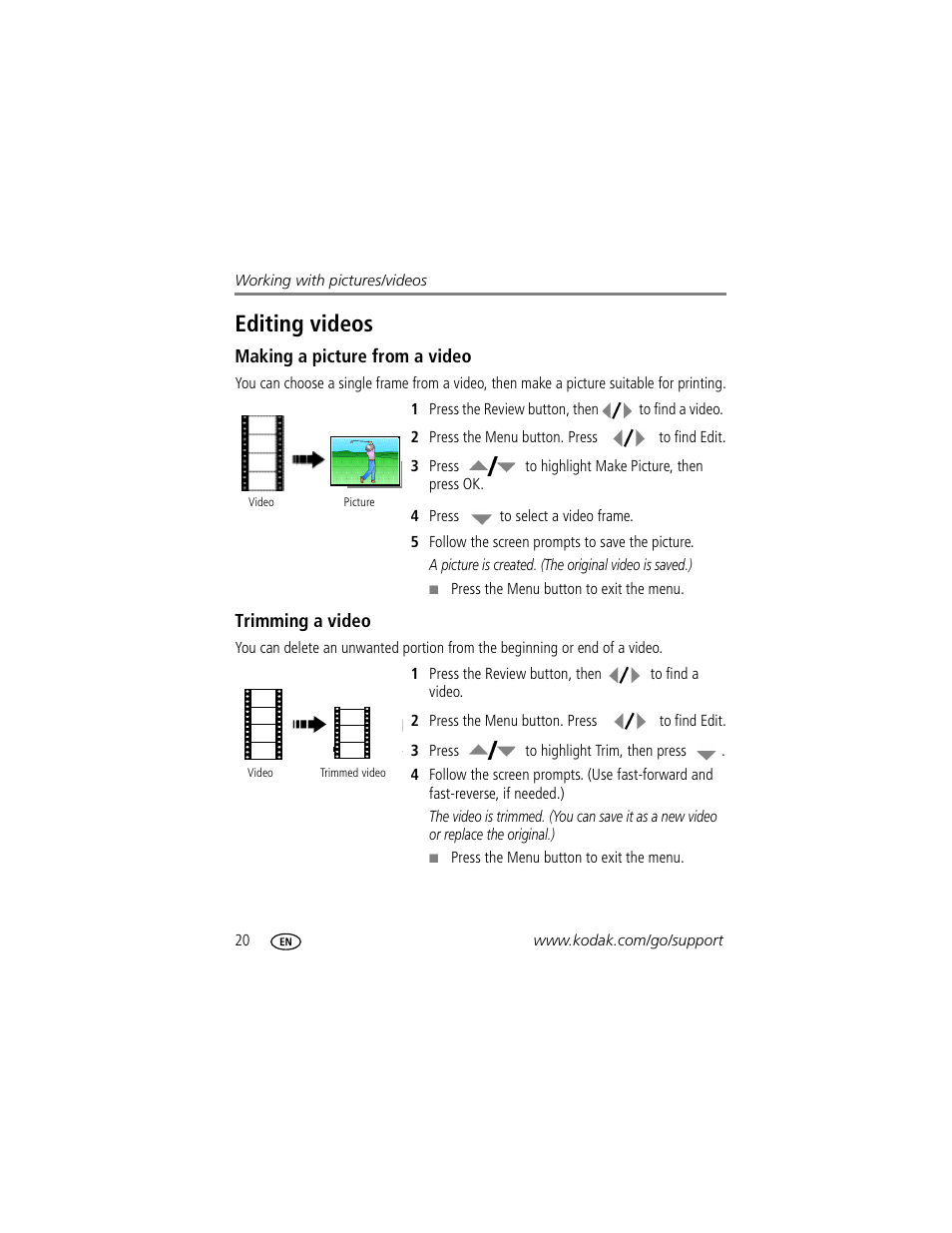 Editing videos, Making a picture from a video, Trimming a video | Kodak M863 User Manual | Page 26 / 80