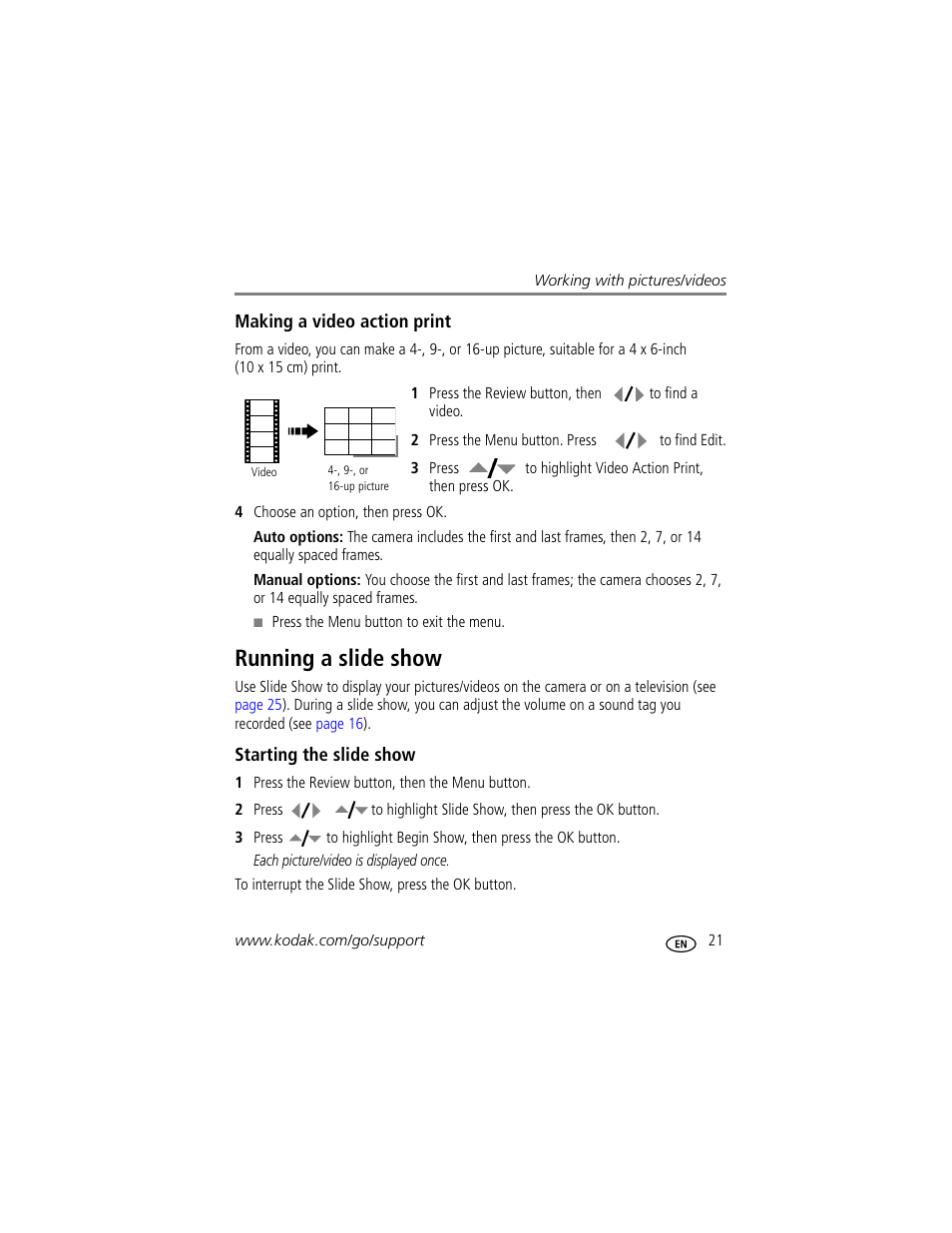 Making a video action print, Running a slide show, Starting the slide show | Kodak M863 User Manual | Page 27 / 80