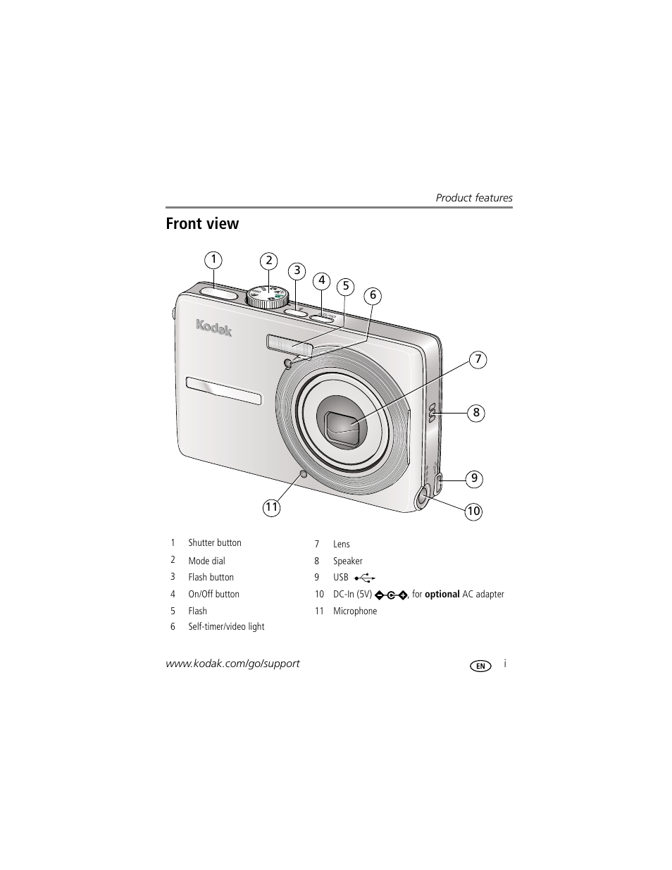 Product features, Front view | Kodak M863 User Manual | Page 3 / 80