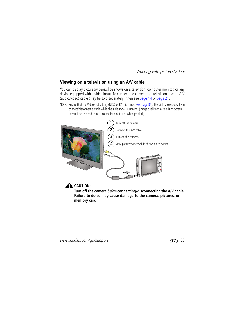 Viewing on a television using an a/v cable | Kodak M863 User Manual | Page 31 / 80