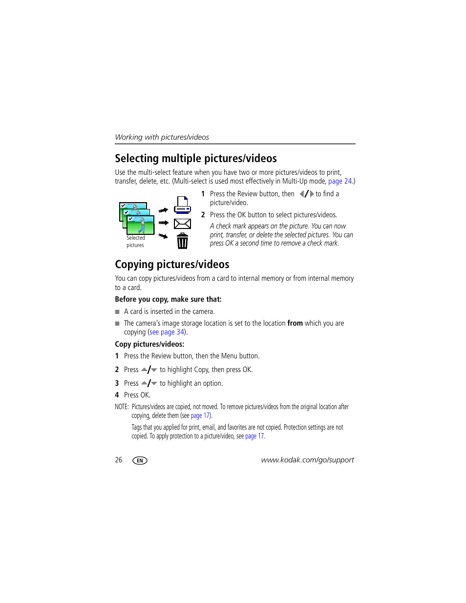 Selecting multiple pictures/videos, Copying pictures/videos | Kodak M863 User Manual | Page 32 / 80