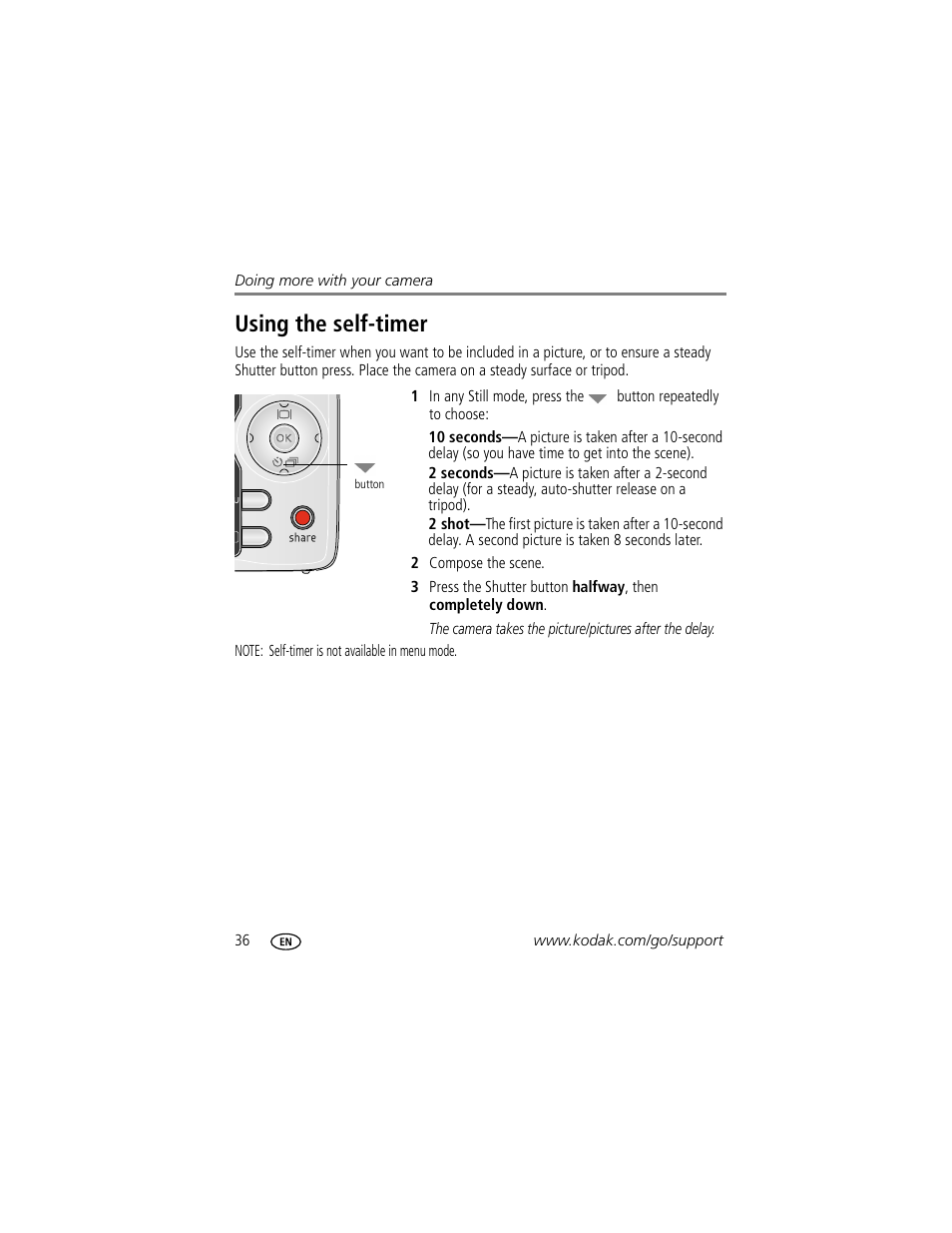 Using the self-timer | Kodak M863 User Manual | Page 42 / 80