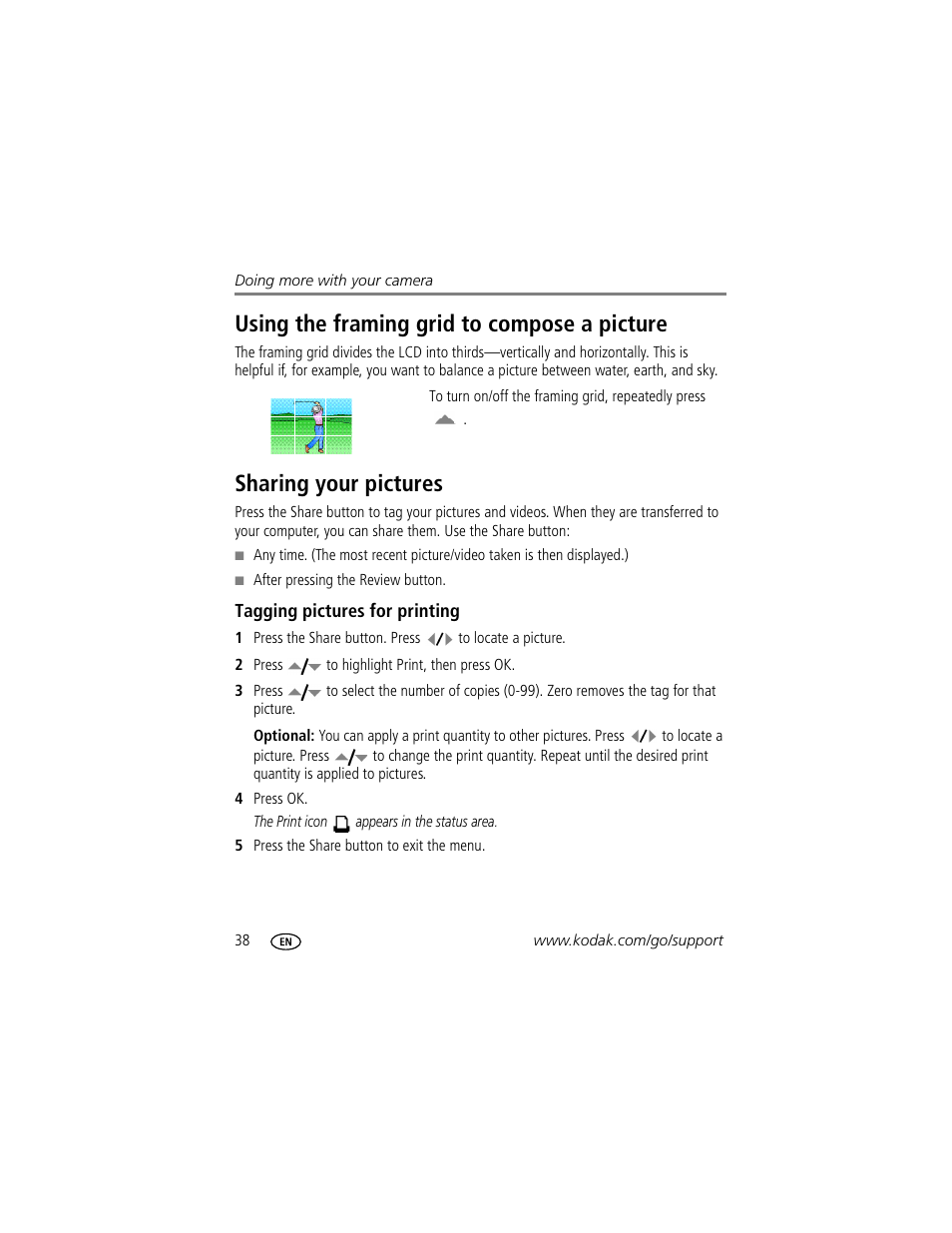 Using the framing grid to compose a picture, Sharing your pictures, Tagging pictures for printing | Kodak M863 User Manual | Page 44 / 80