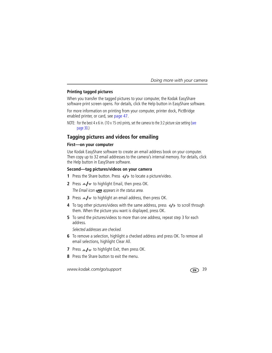 Printing tagged pictures, Tagging pictures and videos for emailing, First-on your computer | Second-tag pictures/videos on your camera | Kodak M863 User Manual | Page 45 / 80