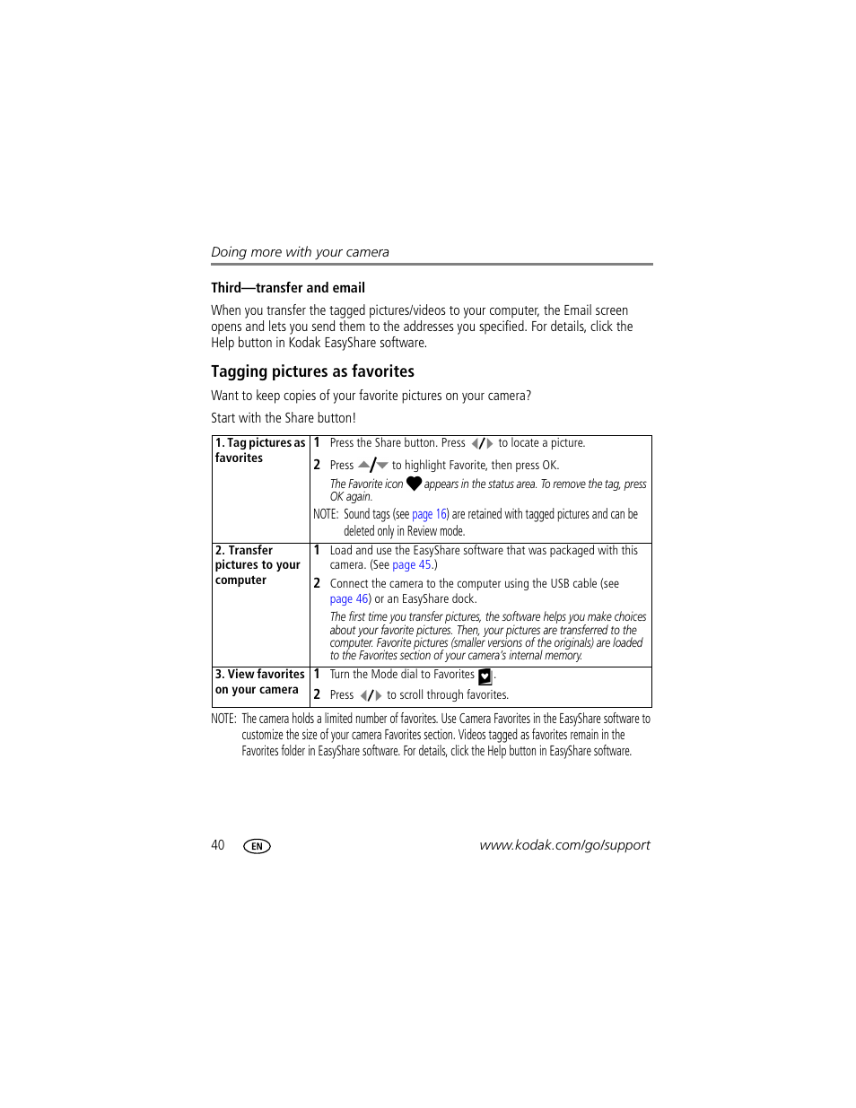 Third-transfer and email, Tagging pictures as favorites | Kodak M863 User Manual | Page 46 / 80