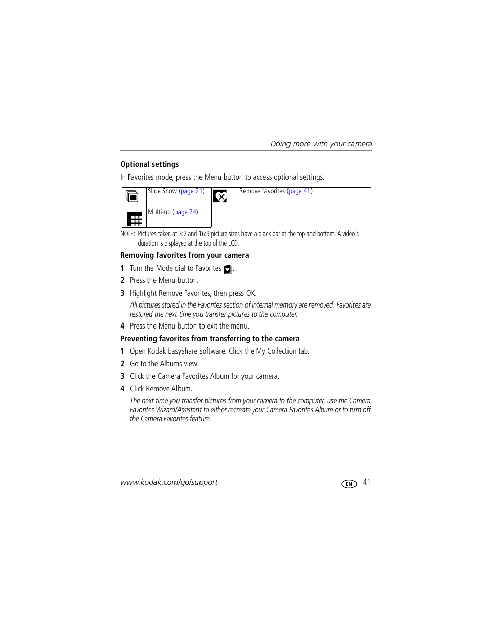 Optional settings, Removing favorites from your camera | Kodak M863 User Manual | Page 47 / 80