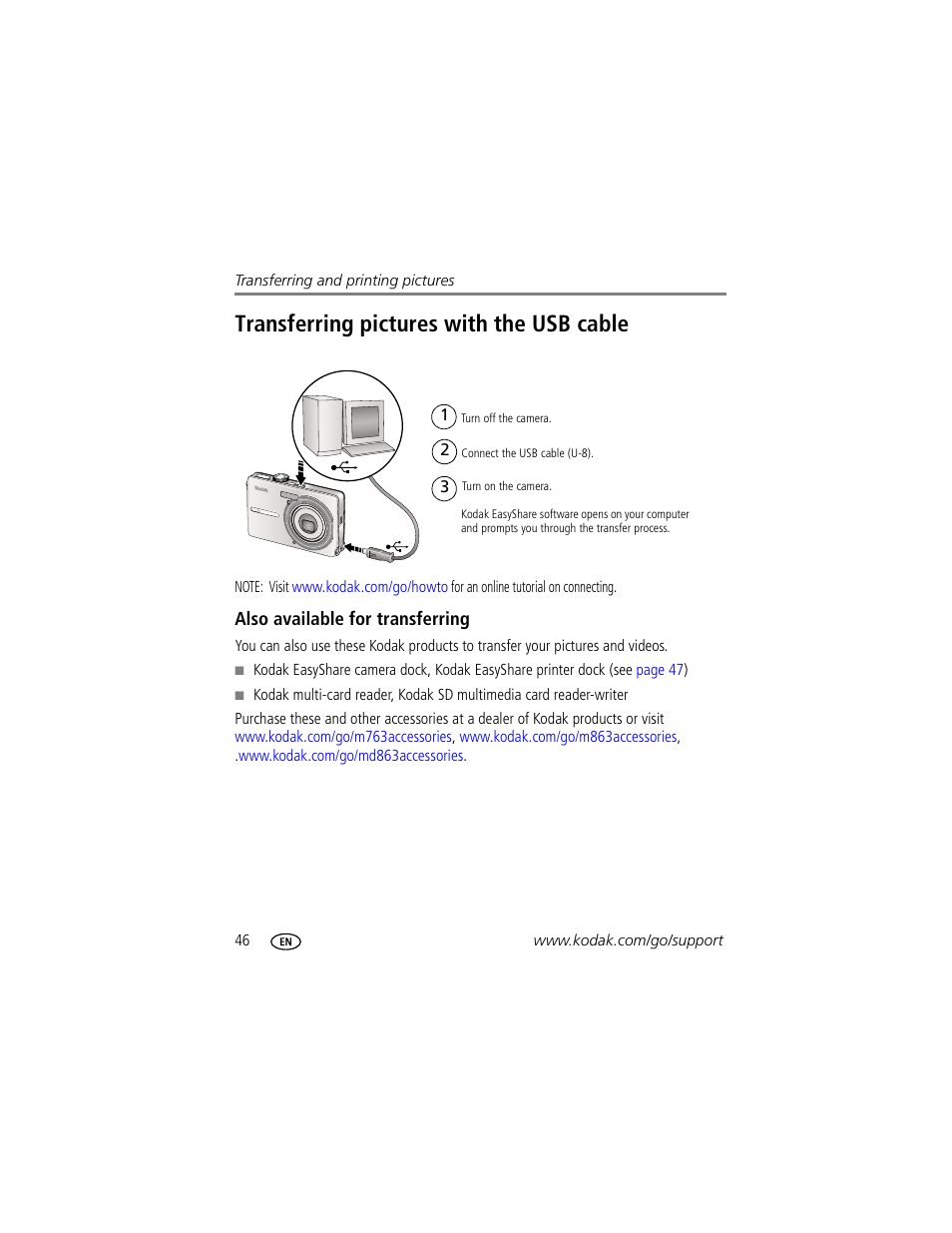 Transferring pictures with the usb cable, Also available for transferring | Kodak M863 User Manual | Page 52 / 80