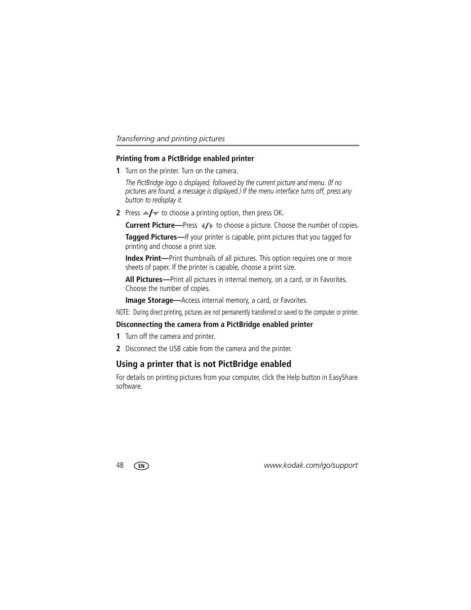 Printing from a pictbridge enabled printer, Using a printer that is not pictbridge enabled | Kodak M863 User Manual | Page 54 / 80