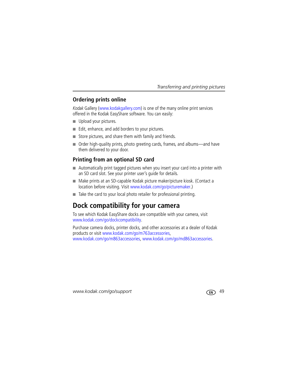 Ordering prints online, Printing from an optional sd card, Dock compatibility for your camera | Kodak M863 User Manual | Page 55 / 80