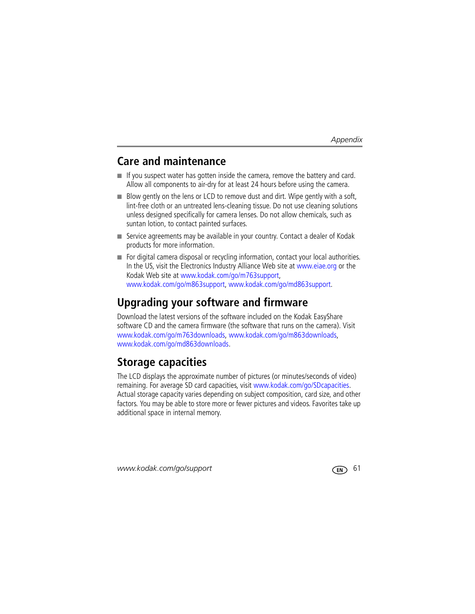 Care and maintenance, Upgrading your software and firmware, Storage capacities | Kodak M863 User Manual | Page 67 / 80