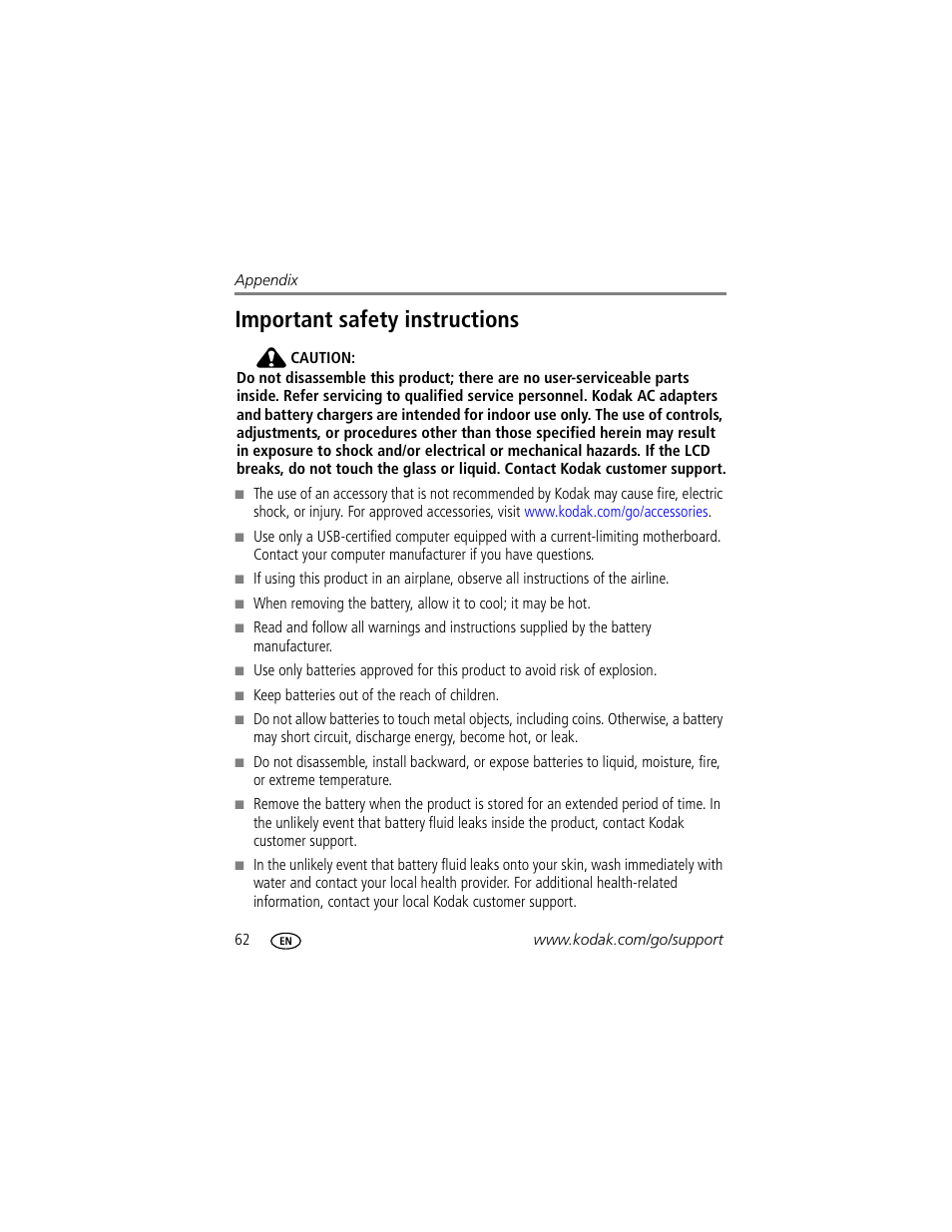 Important safety instructions | Kodak M863 User Manual | Page 68 / 80