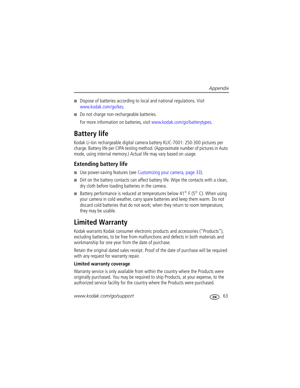 Battery life, Extending battery life, Limited warranty | Battery life limited warranty | Kodak M863 User Manual | Page 69 / 80