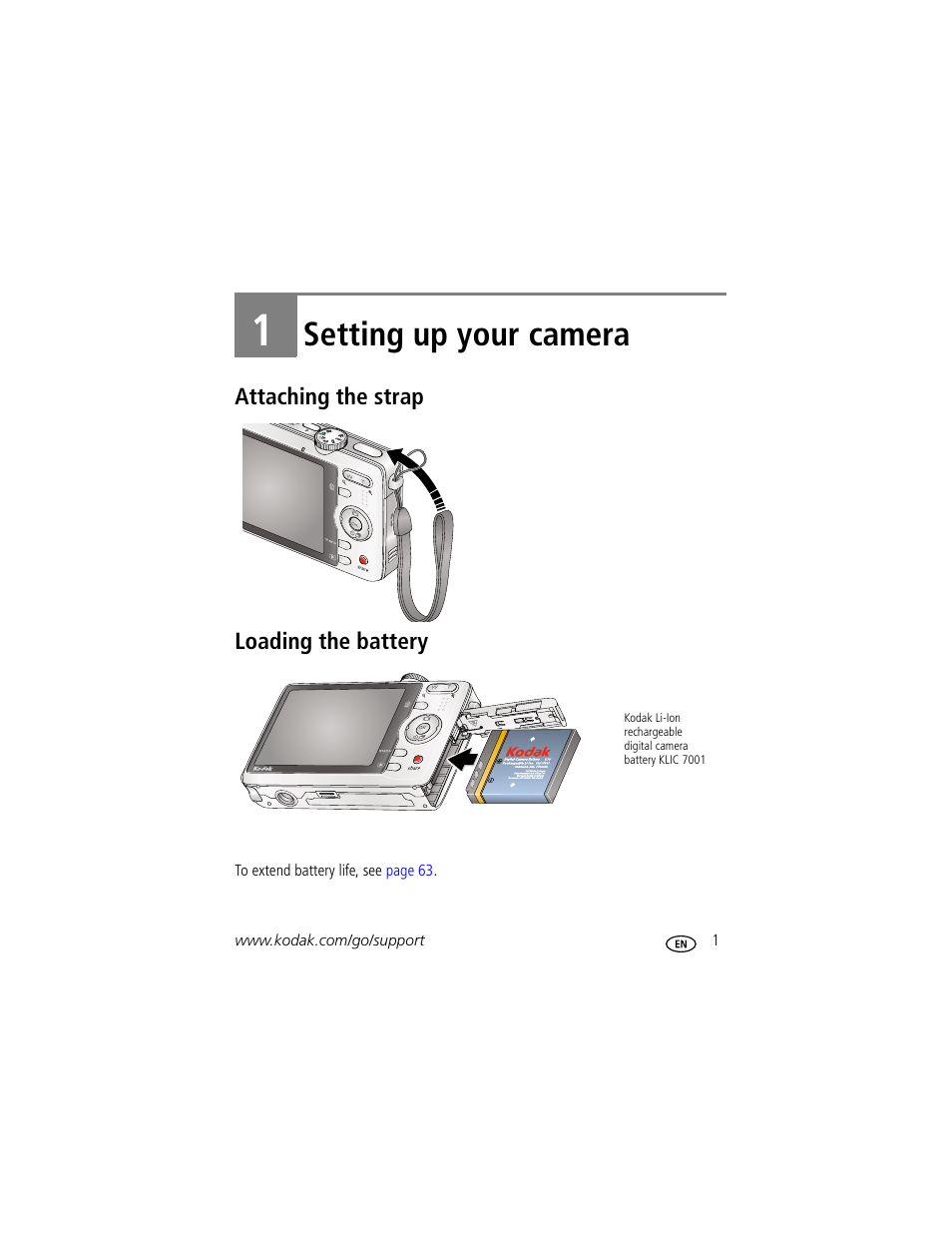 Setting up your camera, Attaching the strap, Loading the battery | 1 setting up your camera, Attaching the strap loading the battery | Kodak M863 User Manual | Page 7 / 80