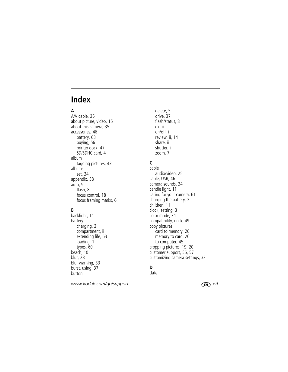Index | Kodak M863 User Manual | Page 75 / 80