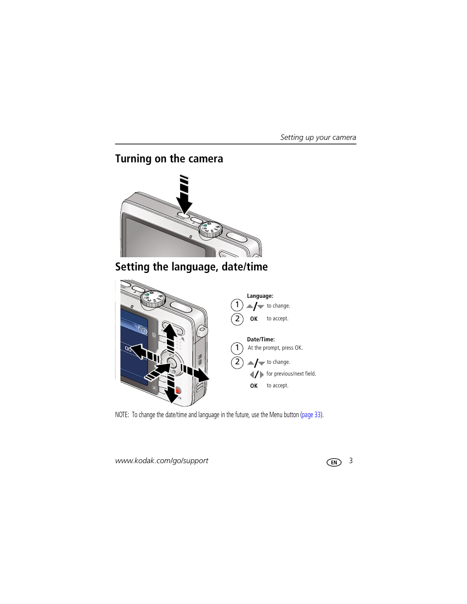 Turning on the camera, Setting the language, date/time | Kodak M863 User Manual | Page 9 / 80