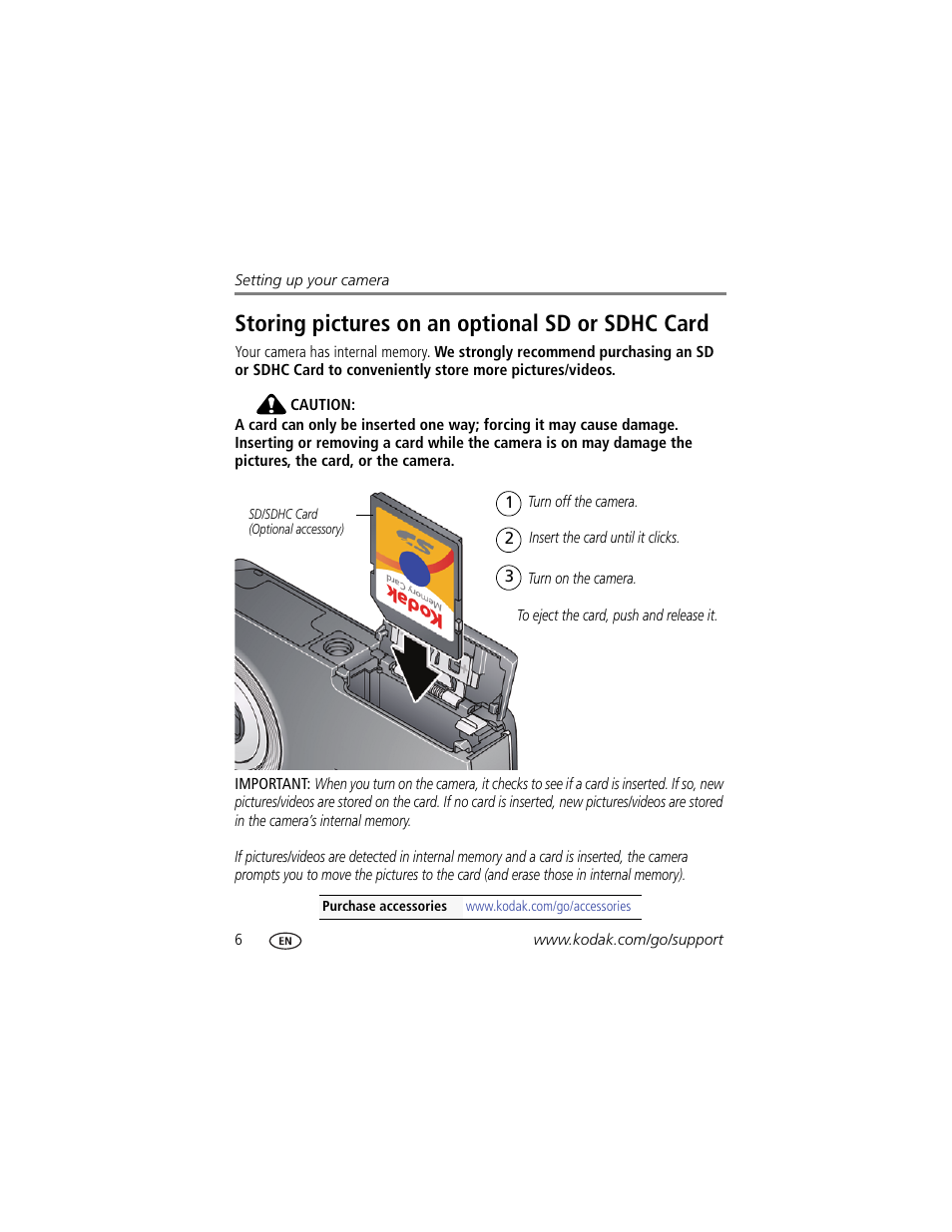 Storing pictures on an optional sd or sdhc card | Kodak MINI M200 User Manual | Page 12 / 69