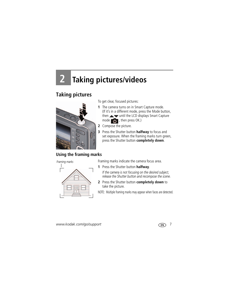 Taking pictures/videos, Taking pictures, Using the framing marks | 2 taking pictures/videos | Kodak MINI M200 User Manual | Page 13 / 69