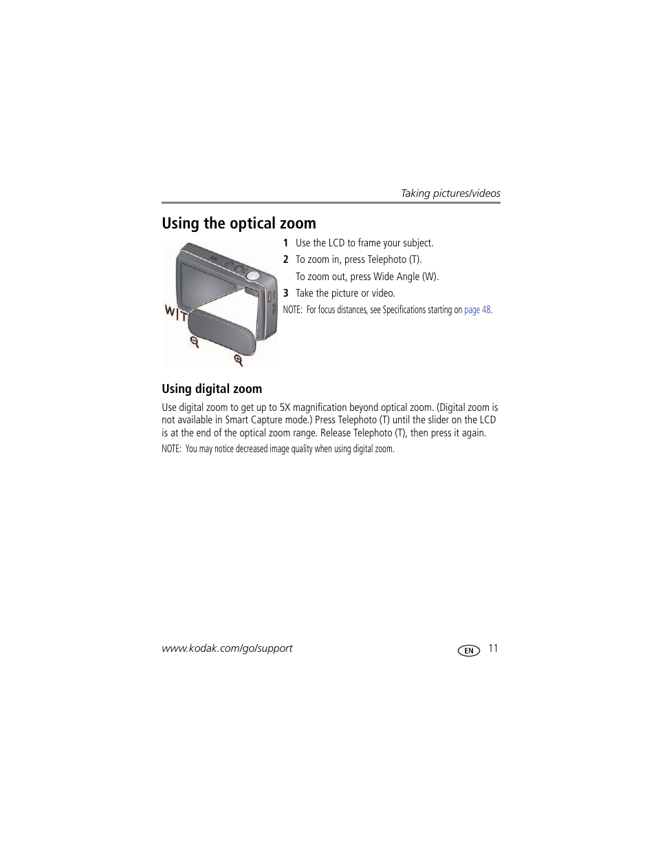 Using the optical zoom, Using digital zoom | Kodak MINI M200 User Manual | Page 17 / 69