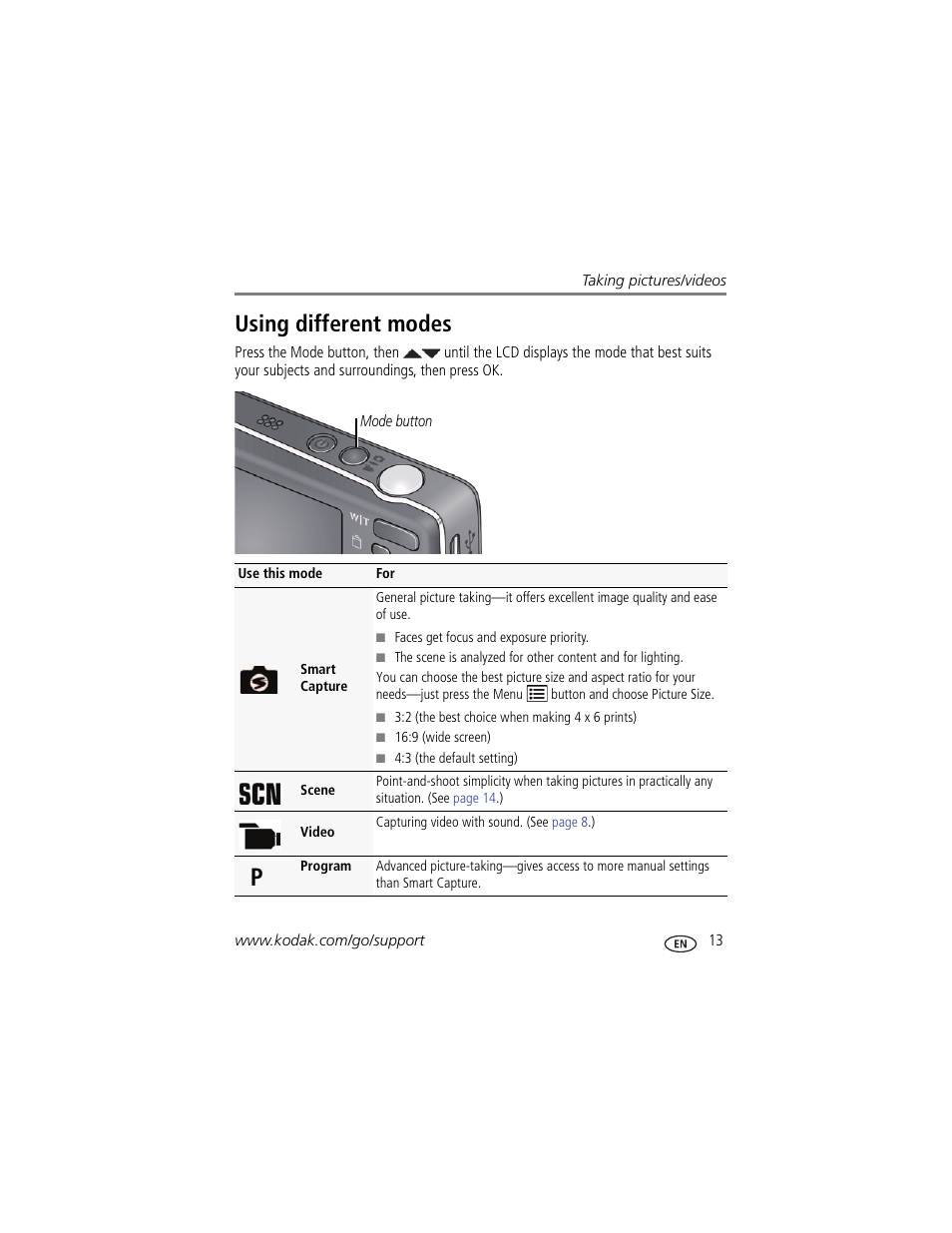 Using different modes | Kodak MINI M200 User Manual | Page 19 / 69