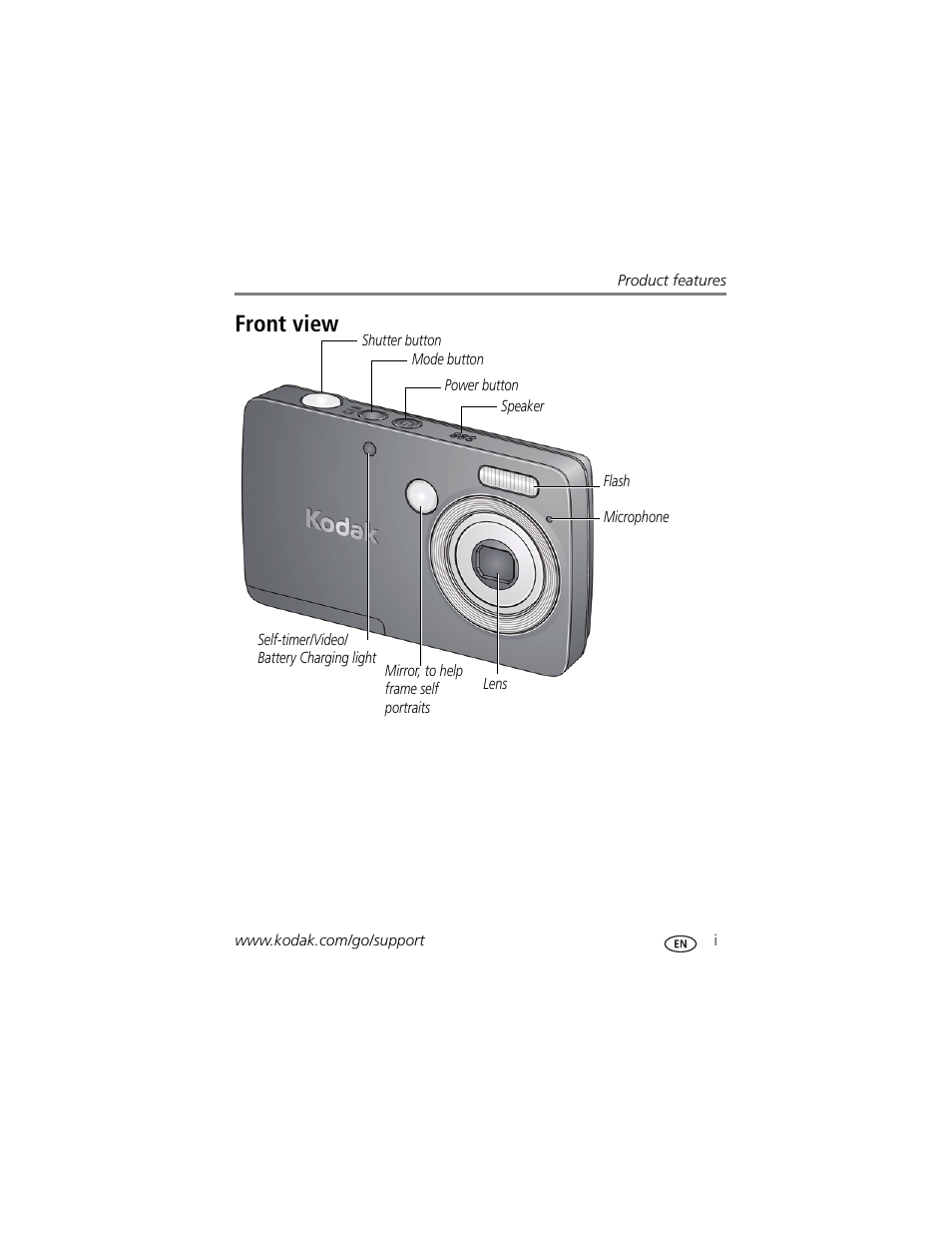 Product features, Front view | Kodak MINI M200 User Manual | Page 3 / 69
