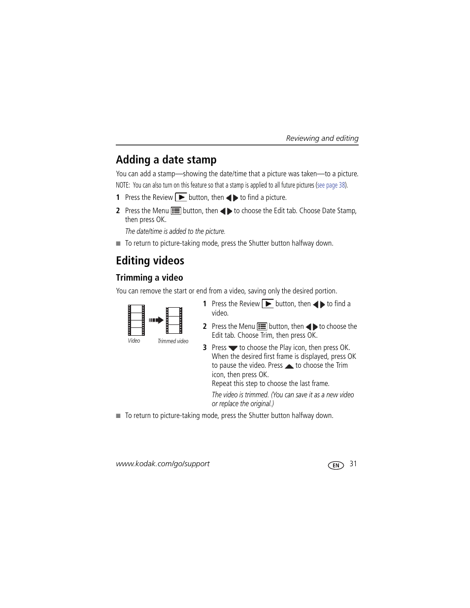 Adding a date stamp, Editing videos, Trimming a video | Adding a date stamp editing videos | Kodak MINI M200 User Manual | Page 37 / 69