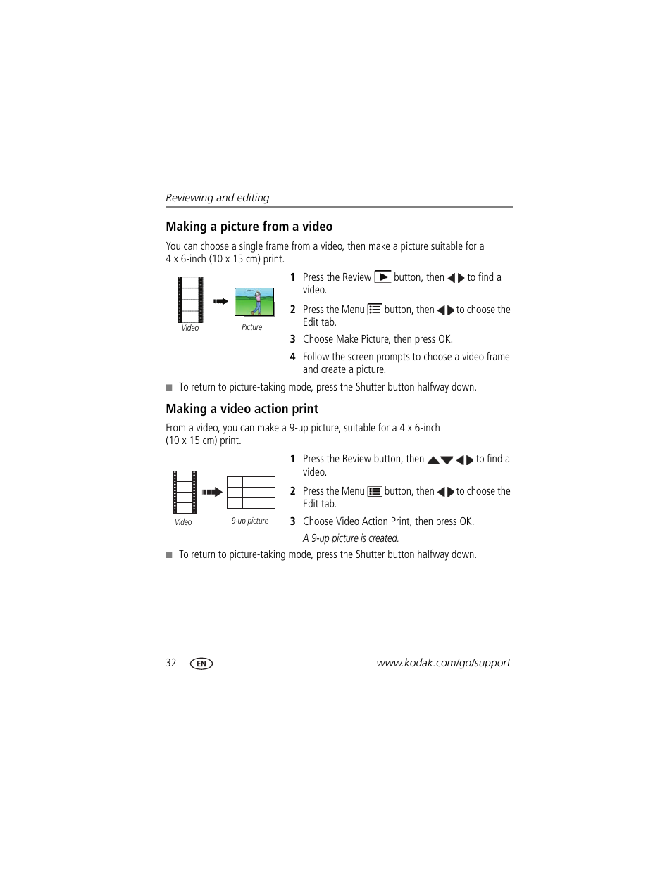 Making a picture from a video, Making a video action print | Kodak MINI M200 User Manual | Page 38 / 69