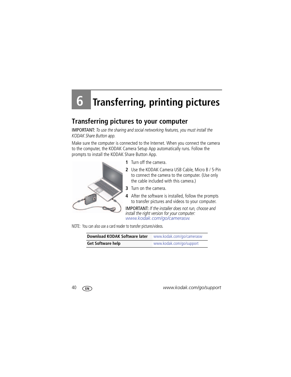 Transferring, printing pictures, Transferring pictures to your computer, 6 transferring, printing pictures | Kodak MINI M200 User Manual | Page 46 / 69