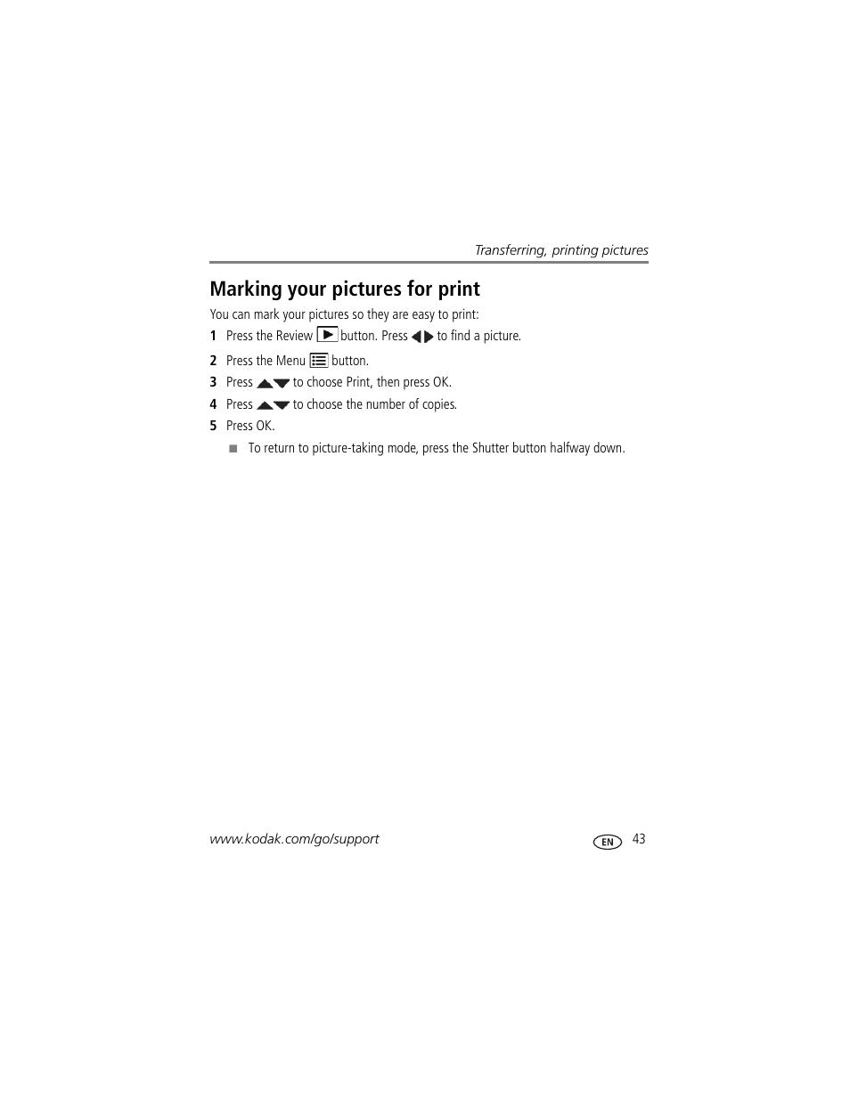 Marking your pictures for print | Kodak MINI M200 User Manual | Page 49 / 69